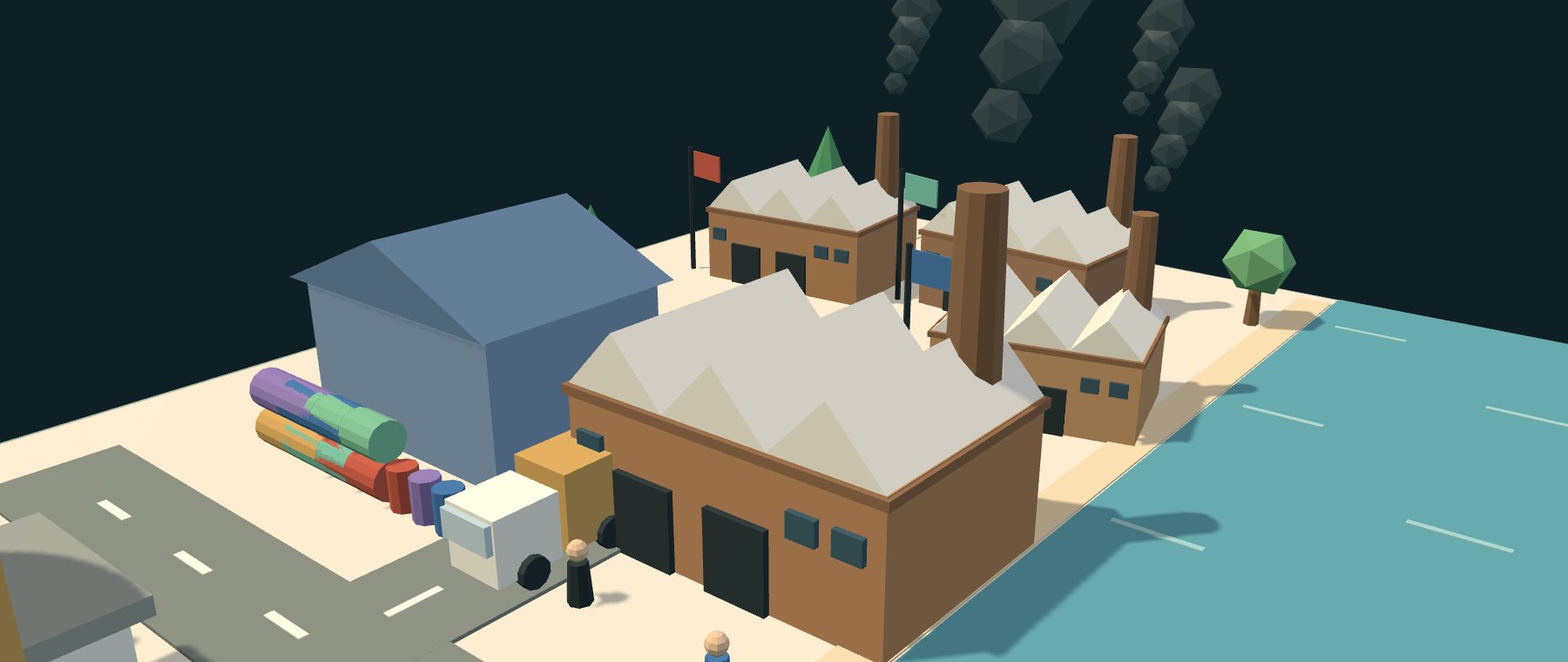 Illustration of factories with smokestacks, raw materials and a truck on the loading road