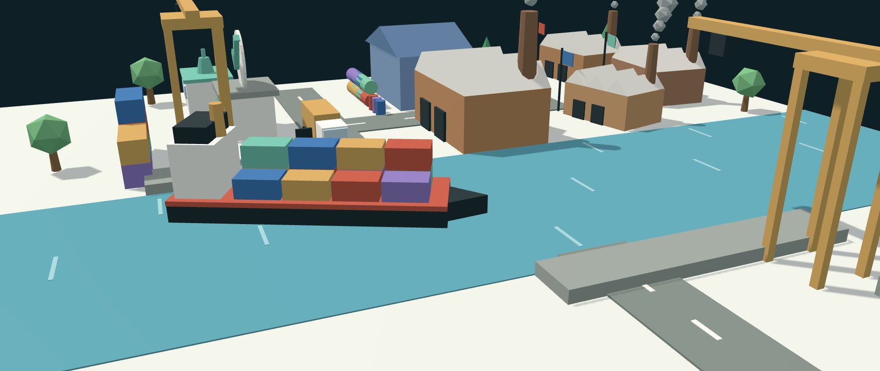 Illustration of a container ship leaving port, with cranes, container stacks and factories along the waterfront